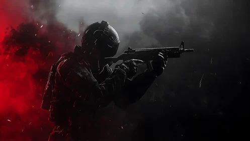 Tactical soldier silhouette with rifle in red and gray smoke.