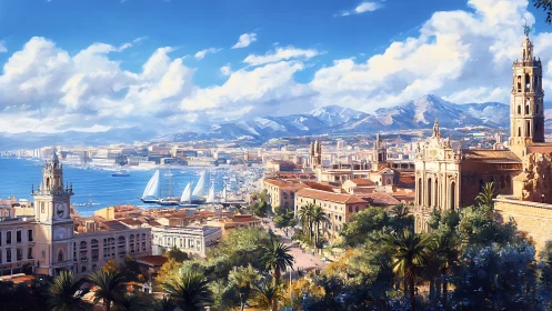 Sunlit Mediterranean harbor city overlooked by ornate towers