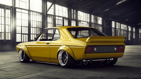 Widebody yellow classic coupe with track stance in warehouse