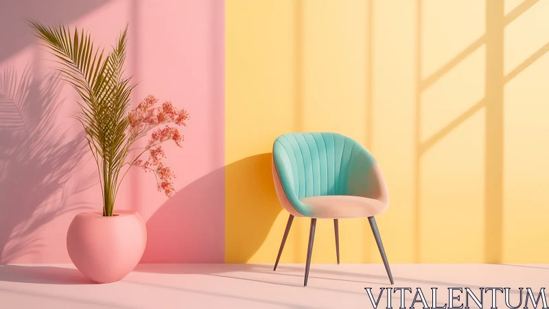 Pastel chair and plant glow in minimalist sunlit interior.