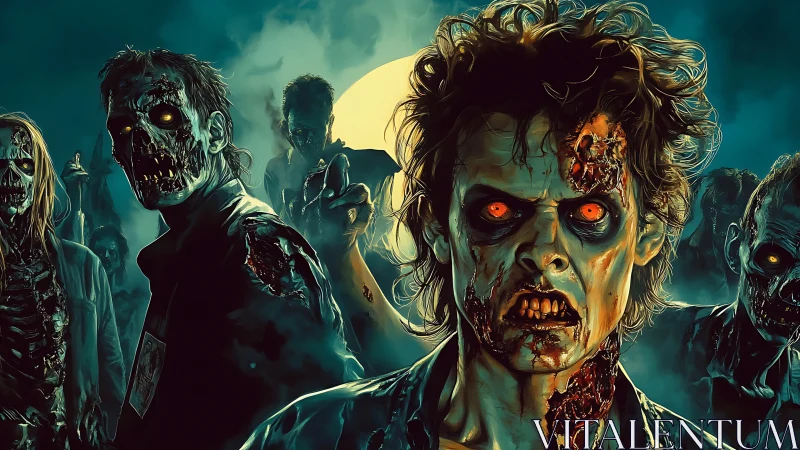 Moonlit zombie horde steps forward with eerie glowing eyes