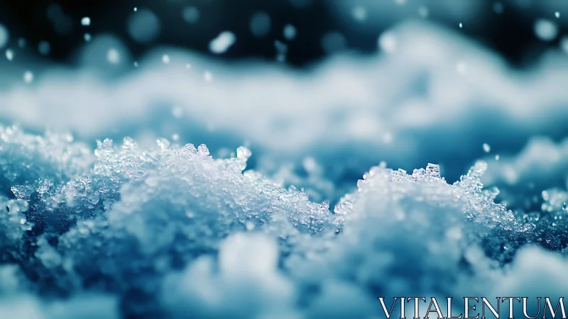 Macro snow crystals over deep blue frozen surface.