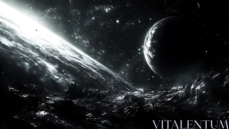 Alien moon horizon beneath luminous crescent planet