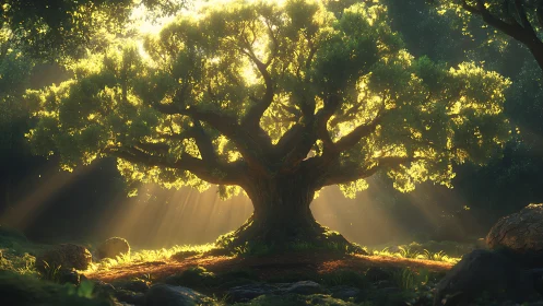 Large sunlit tree centered in dense green forest clearing.
