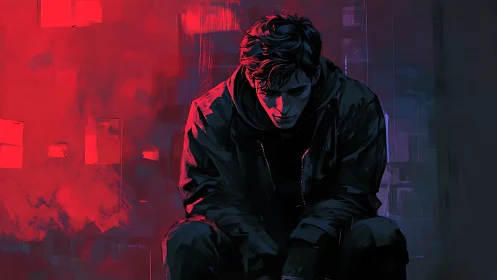 Brooding figure crouches under neon red and blue haze.