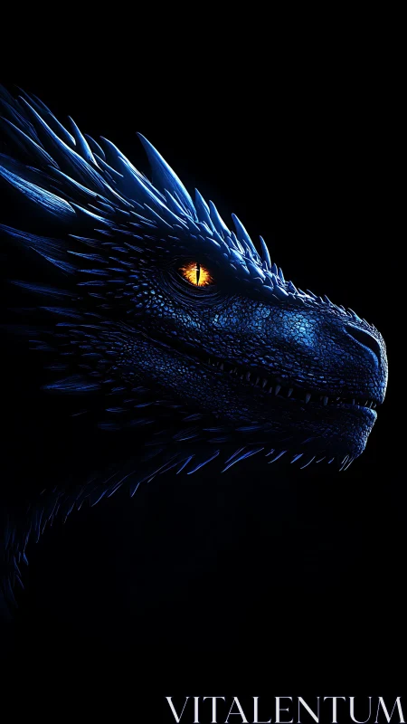 Midnight blue dragon gazes forward with blazing golden eye