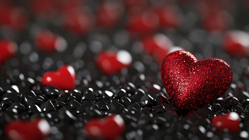 Red Glitter Hearts on Black Beads Surface