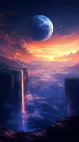 Moonlit skyfall over glowing cliffs and misty valleys.