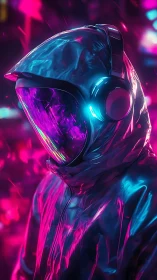 Hooded astronaut figure in neon pink and blue lighting.