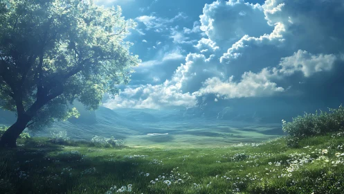 Backlit meadow tree under cumulonimbus sky at midday