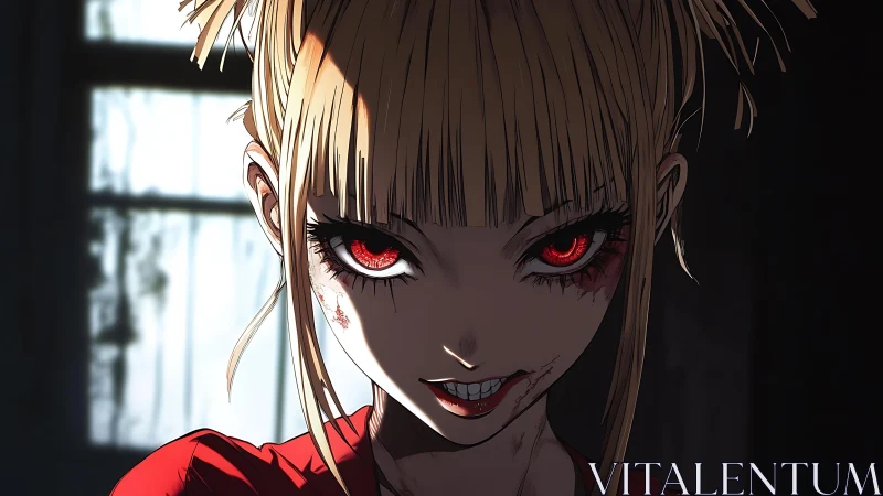 Sinister anime girl with glowing red eyes in dark room.