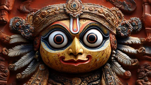 Vibrant traditional deity mask glows with ritual intensity
