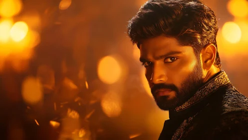 Portrait of bearded man in ornate attire, warm bokeh field.