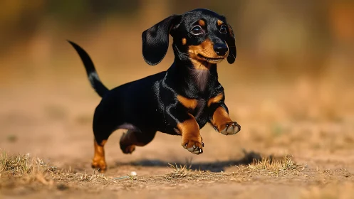 Small black and tan dachshund runs across dry outdoor ground