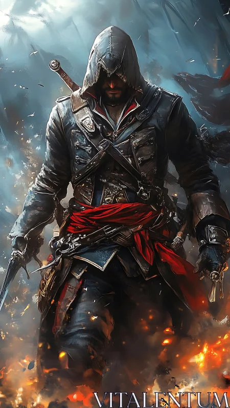 Hooded warrior strides through fire with calm, relentless focus