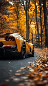 Yellow sports car is parked on forest road in autumn