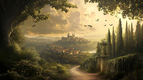 Sunlit path winding toward a dreamy hilltop village.