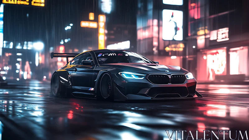 Midnight street racer gliding through neon city rain.