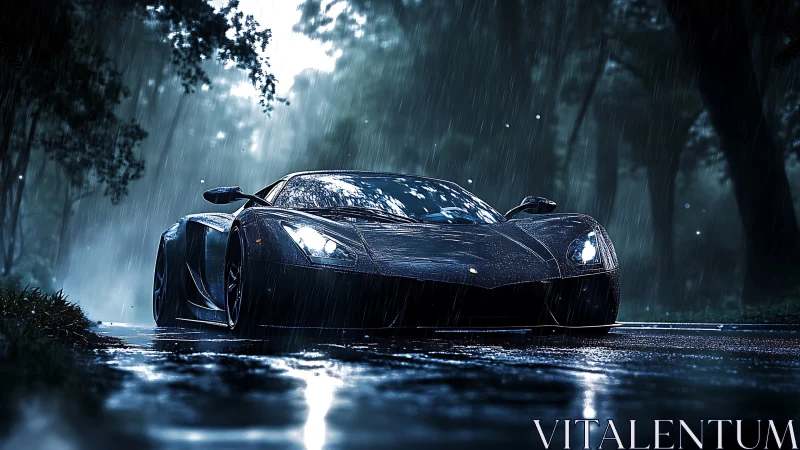 Black supercar on wet forest road under heavy rainfall.