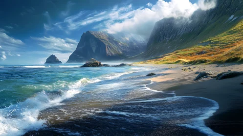 Storm-lit coastal cliffs curve toward luminous turquoise sea.