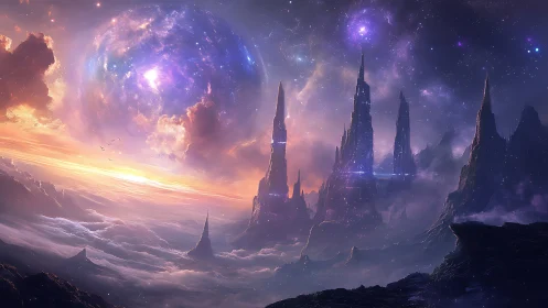 Stellar nebula horizon with spired alien megastructure cliffs