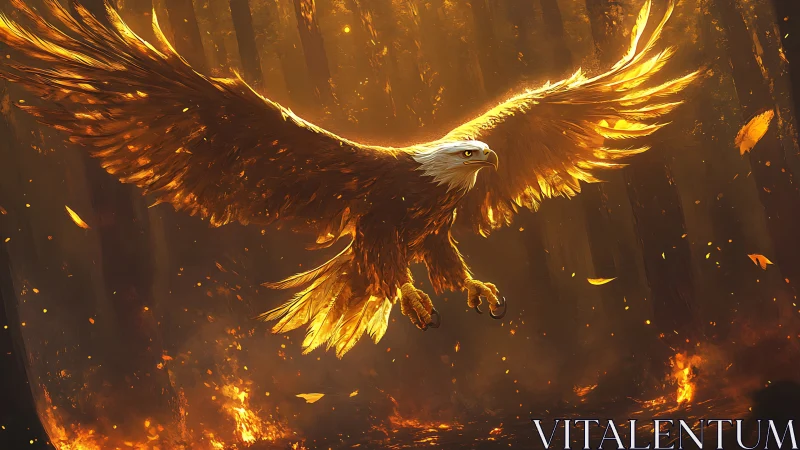 Majestic Bald Eagle Soaring Over Fiery Forest in Digital Art.