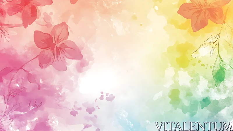 Floral line drawings over soft multicolor watercolor wash.