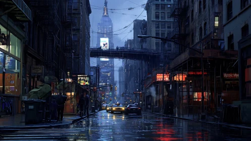 Rainy nighttime city street shows wet pavement and traffic