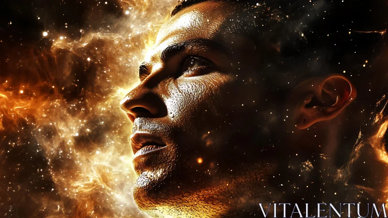 Male profile rendered against luminous cosmic background field