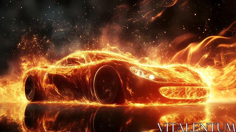 Flaming supercar surges through darkness in blazing motion