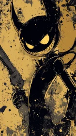 Sinister horned cartoon swordsman stands in gritty splatter art.