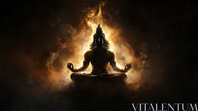Backlit meditating deity silhouette framed by radiating flame halo