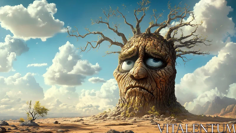 Soft-eyed desert tree spirit under wandering cotton clouds.