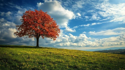 Solitary red tree on sloping meadow under bright sky.