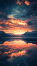 Celestial dusk over mirrored alpine lake with luminous clouds.