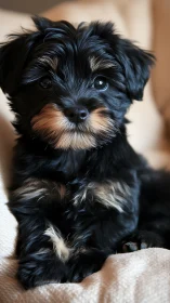 Black and tan small dog resting on soft neutral blanket.