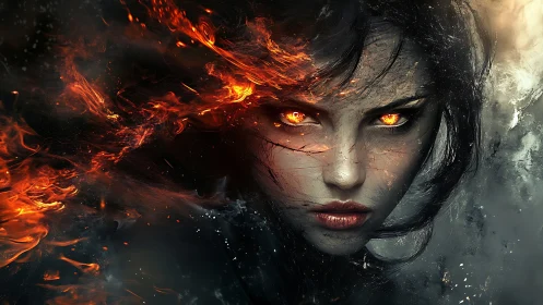 Elemental sorceress portrait with blazing ember eyes and smoke.