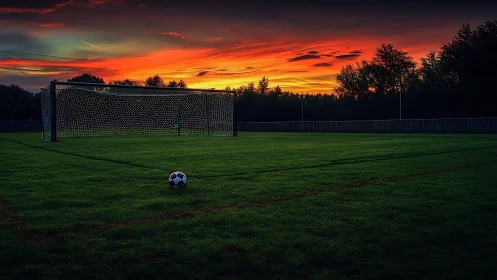 Empty football goal on green field under vivid sunset sky.