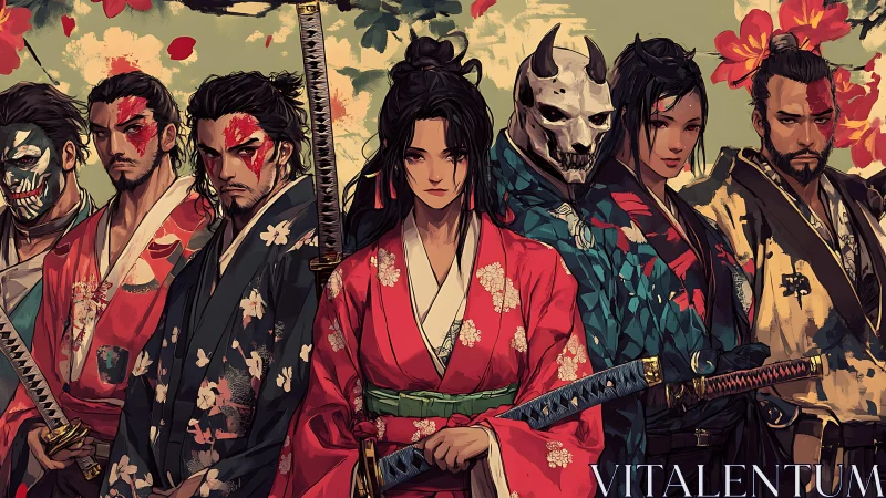 Samurai group portrait in floral robes with swords displayed.