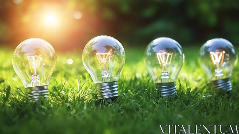 Photorealistic glass bulbs in luminous eco landscape composition.