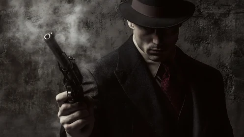 Noir gunman in fedora aims pistol under dramatic low-key lighting