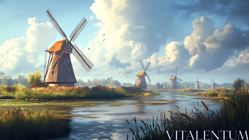 Hydrodynamic wetland windmills under cumuliform skyfield.