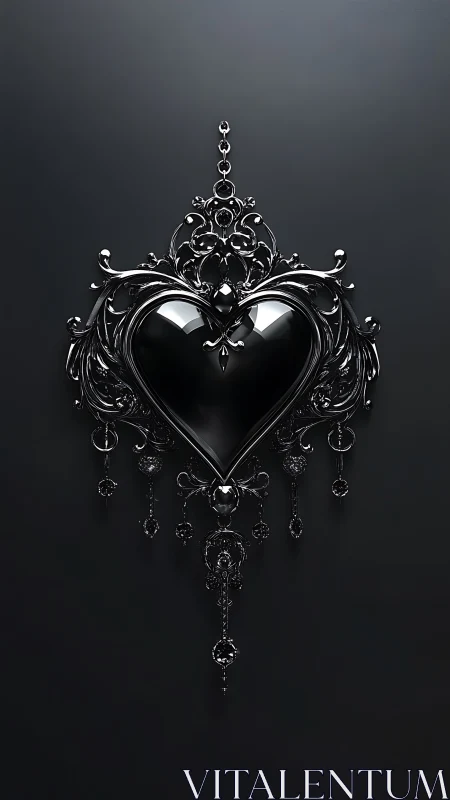 Ornate Black Heart Pendant with Gothic Baroque Metalwork and Crystal Accents