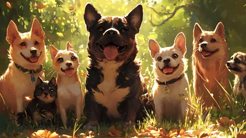 Sunlit circle of happy dogs and cats enjoys the forest glow