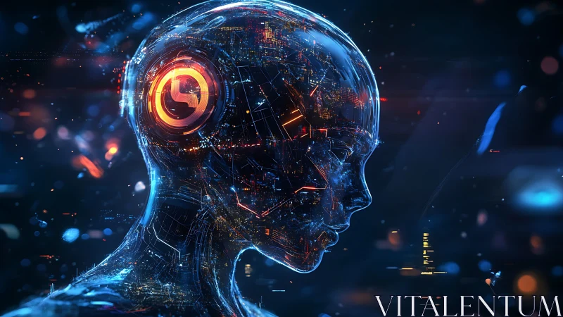Futuristic humanoid AI head with glowing cybernetic core.