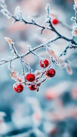 Frosted red berries glow softly against a cool winter blur.