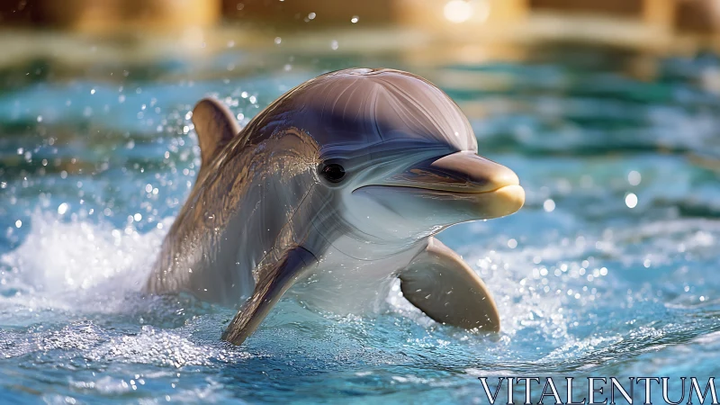 Playful dolphin rides sunlit ripples in crystal pool.