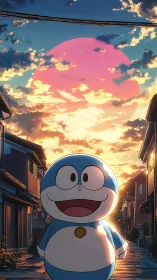 Anime robot cat under glowing sunset sky in alleyway.