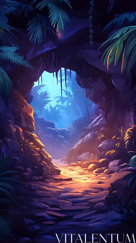 Luminous jungle cave corridor under dynamic colored lighting.