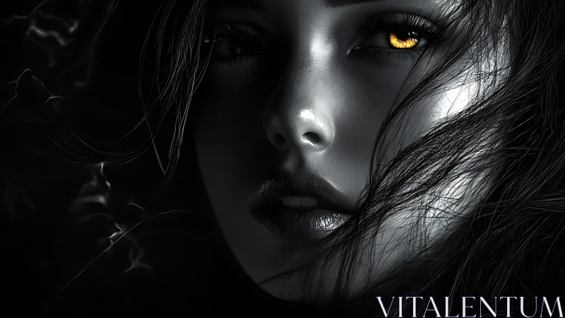 Golden-eyed portrait glows gently against deep shadowed night